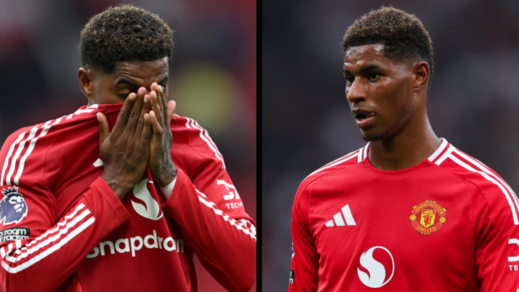 MANCHESTER, ENGLAND - SEPTEMBER 01: Marcus Rashford of Manchester United, shows dejection, following the teams defeat to Liverpool during the Premi...