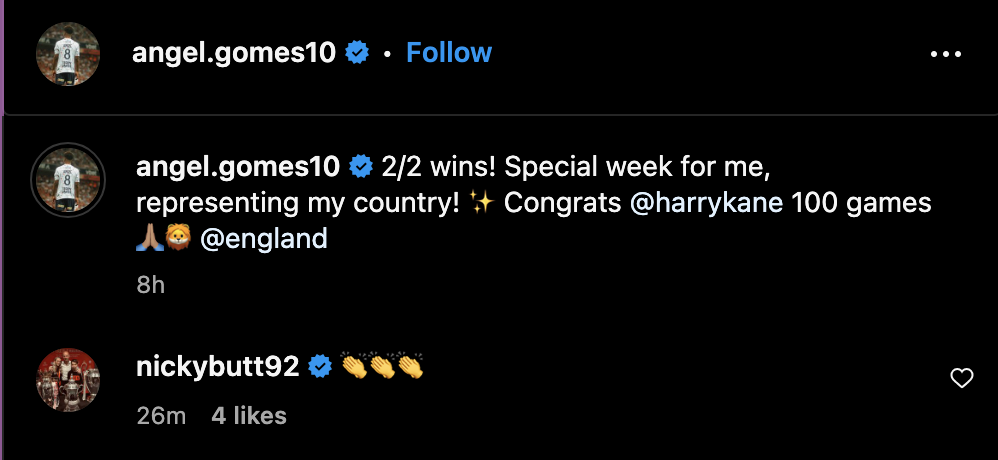 Manchester United legend Nicky Butt posted a reaction to Angel Gomes’ message after England’s win over Finland. Credit: Instagram