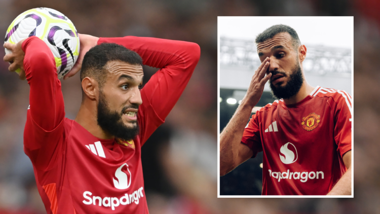 MANCHESTER, ENGLAND - SEPTEMBER 01: Noussair Mazraoui of Manchester United in action during the Premier League match between Manchester United FC a...