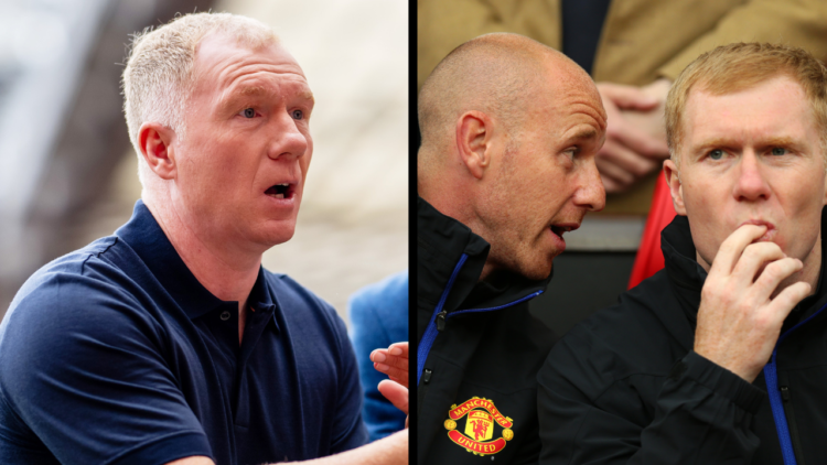 MANCHESTER, ENGLAND - SEPTEMBER 01: Paul Scholes reacts prior to the Premier League match between Manchester United FC and Liverpool FC at Old Traf...