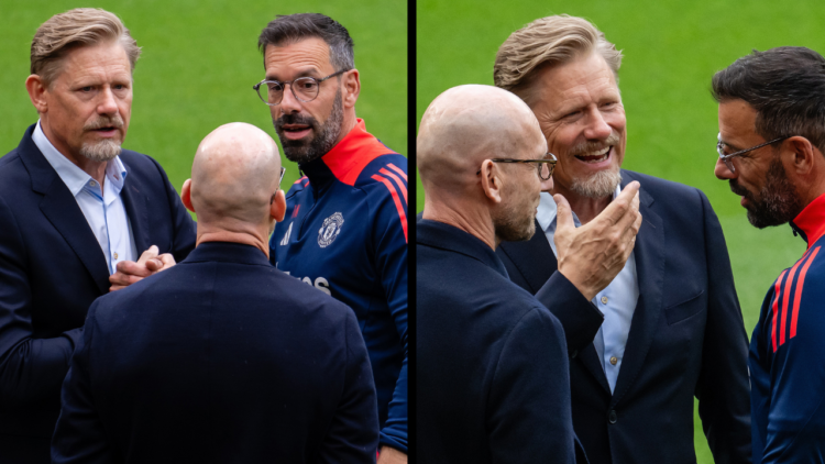MANCHESTER, ENGLAND - SEPTEMBER 01: Jaap Stam, Peter Schmeichel and Ruud van Nistelrooy of Manchester United interact during the Premier League mat...