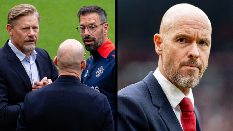 MANCHESTER, ENGLAND - SEPTEMBER 01: Jaap Stam, Peter Schmeichel and Ruud van Nistelrooy of Manchester United interact during the Premier League mat...