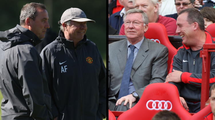 MANCHESTER, ENGLAND - MAY 03: Sir Alex Ferguson of Manchester United shares a joke with coach Rene Meulensteen ahead of their UEFA Champions League...