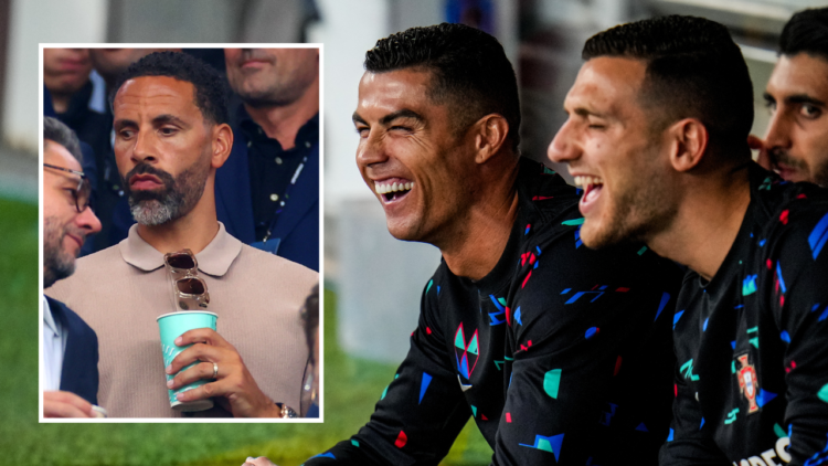 LISBON, PORTUGAL - SEPTEMBER 8: Cristiano Ronaldo of Portugal and Diogo Dalot of Portugal laugh while sitting on the bench as substitutes prior to ...