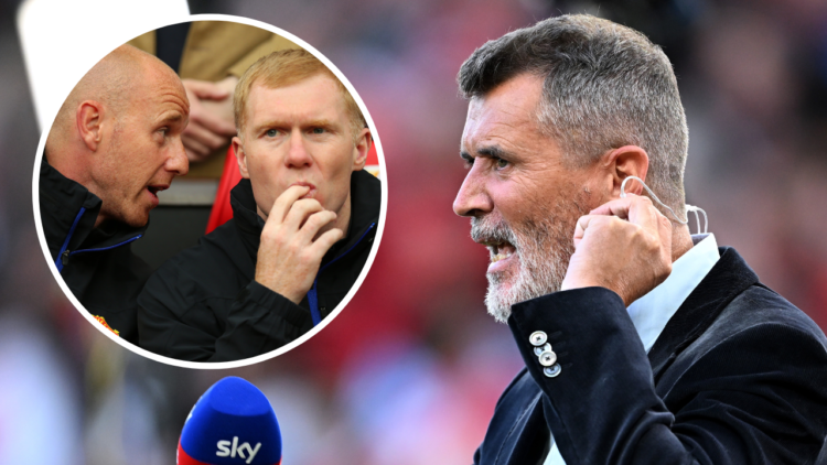 MANCHESTER, ENGLAND - AUGUST 16: Former Footballer and Manager Roy Keane looks on as he presents on Sky Sports prior to the Premier League match be...