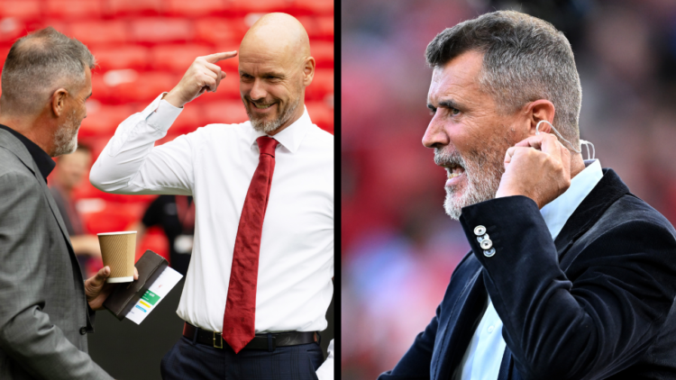MANCHESTER, ENGLAND - AUGUST 16: Former Footballer and Manager Roy Keane looks on as he presents on Sky Sports prior to the Premier League match be...