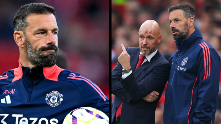 MANCHESTER, ENGLAND - SEPTEMBER 01: Erik ten Hag, manager of Manchester United, with coach Ruud Van Nistelrooy during the Premier League match betw...