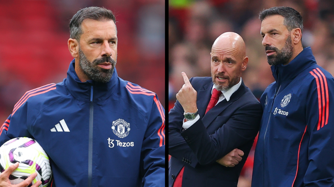 MANCHESTER, ENGLAND - SEPTEMBER 01: Erik ten Hag, manager of Manchester United, with coach Ruud Van Nistelrooy during the Premier League match betw...