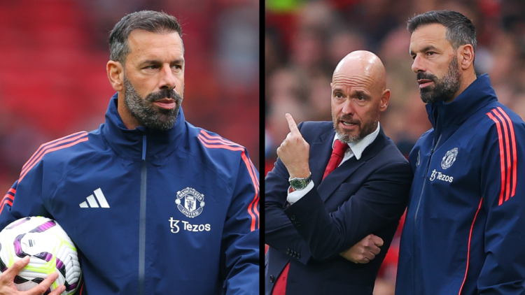 MANCHESTER, ENGLAND - SEPTEMBER 01: Erik ten Hag, manager of Manchester United, with coach Ruud Van Nistelrooy during the Premier League match betw...