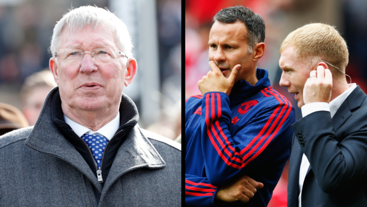 MANCHESTER, ENGLAND - AUGUST 22: Ryan Giggs (C) coach of Manchester United talks with former Manchester United players Andy Cole (L) and Paul Schol...