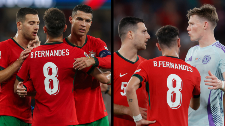 LISBON, PORTUGAL - SEPTEMBER 8: Cristiano Ronaldo of Portugal celebrates winning the match with Bruno Fernandes of Portugal and Diogo Dalot of Port...