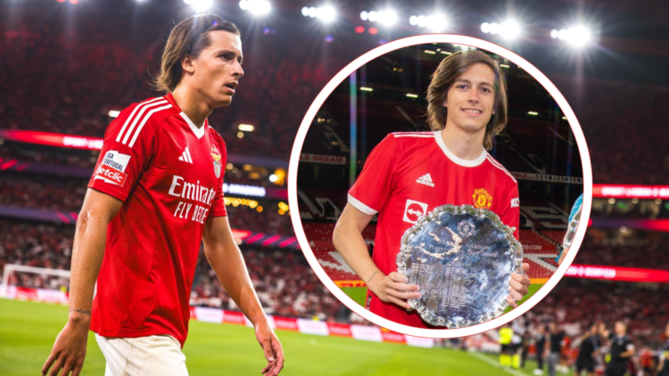 Alvaro Fernandez walks off for Benfica. Inset, Alvaro Fernandez holds silver plate trophy for Man Utd
