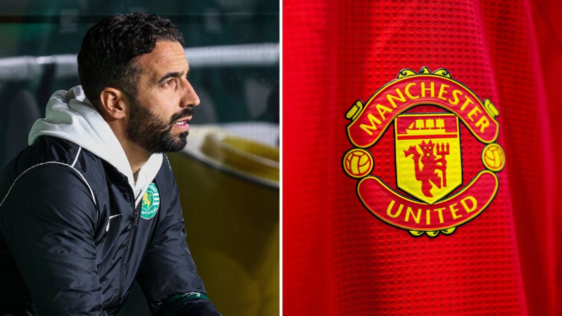 Split image of Ruben Amorim and the Manchester United badge.
