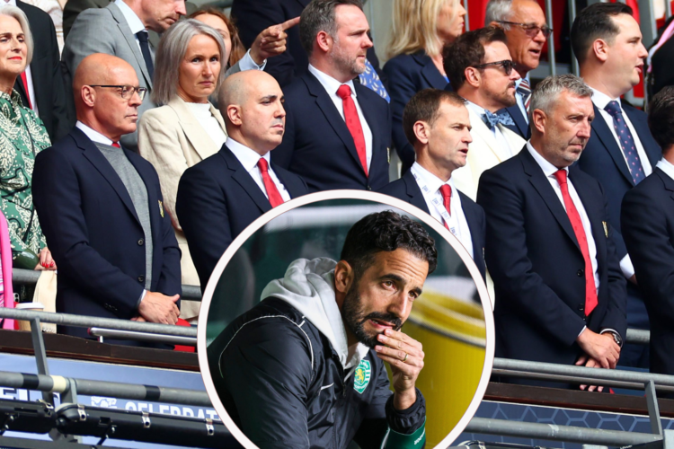 Sir Dave Brailsford, Omar Berrada, Dan Ashworth and Jason Wilcox watch Manchester United in action. Inset, Ruben Amorim pondering a Sporting Lisbon...