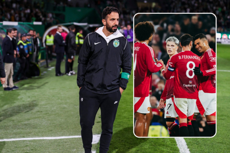 Ruben Amorim stands on touchline for Sporting Lisbon. Inset, Manchester United players celebrate goal vs Leicester City.