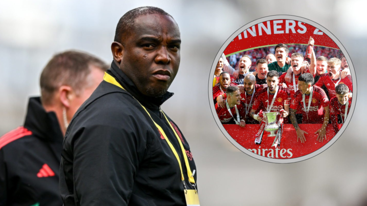 Benni McCarthy headshot. Inset Man Utd player celebrate and spray champagne with FA Cup trophy