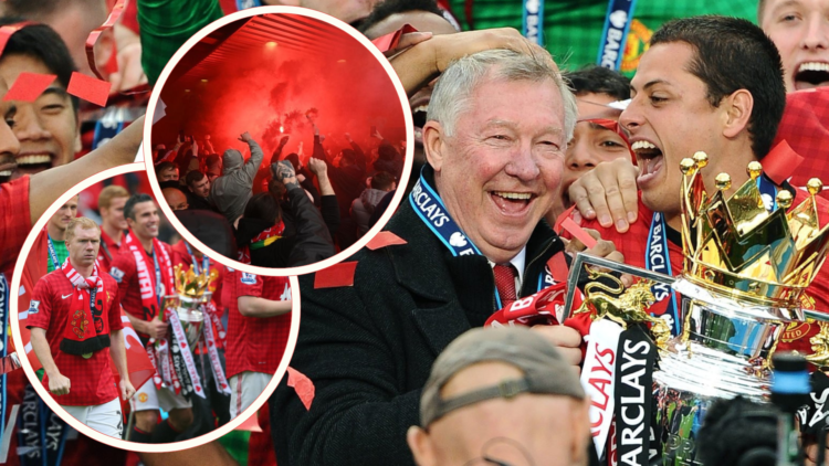 Sir Alex Ferguson celebrates Premier League with Javier Hernandez, 2013. Inset, Scholes looks unhappy 2013, inset, United fans with red flares