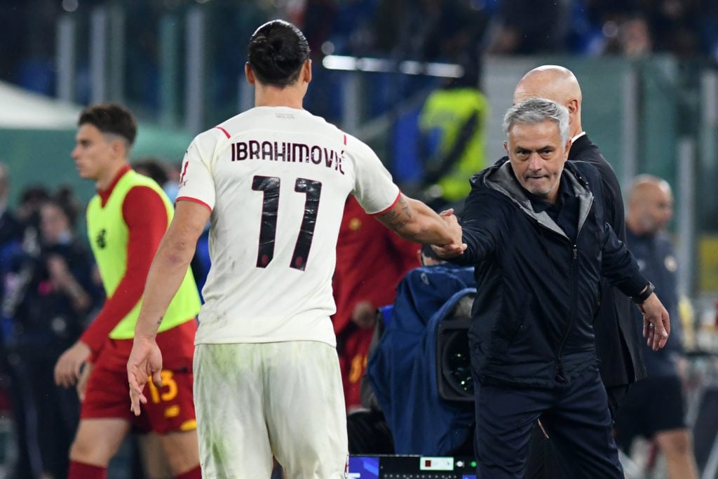 The Footballer of Milan Zlatan Ibrahimovic and the Roma trainer Jose Mourinho during the match Roma-Milan at the stadio Olimpico. Rome (Italy), 31 ...