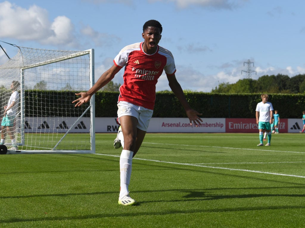 Chido Martin-Obi celebrates scoring a goal for Arsenal during the U18 Premier League match between Arsenal U18 and Southampton U at London Colney o...