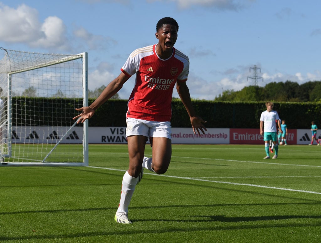 Chido Martin Obi celebrates scoring Arsenal's 1st goal during the U18 Premier League match between Arsenal U18 and Southampton U at London Colney o...