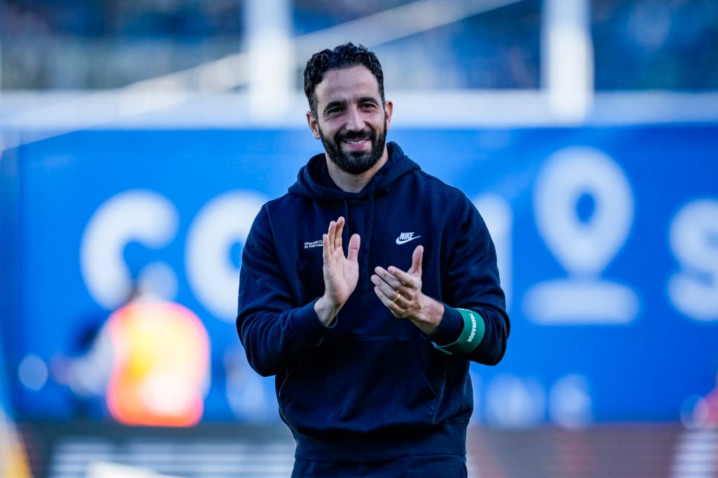 Sporting Head Coach Rúben Amorim thanks supporters for standing during the Liga Portugal Bwin match between GD Estoril and Sporting CP at Estadio A...