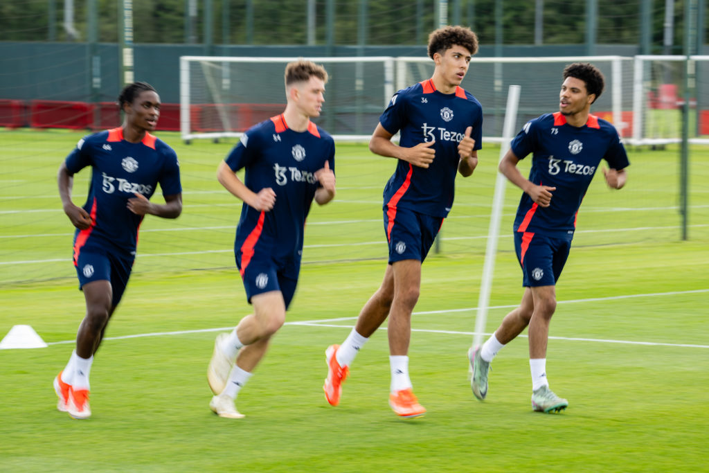 Habeeb Ogunneye, Louis Jackson, Ethan Wheatley, Ethan Williams of Manchester United in action during a first team training session at Carrington Training Ground
