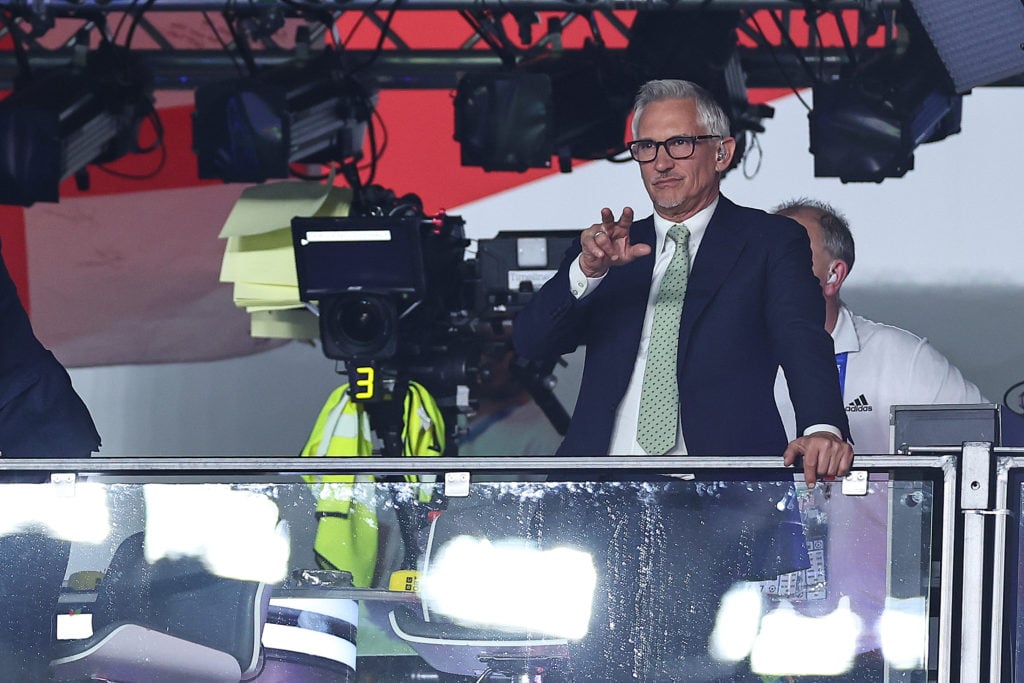 Gary Lineker looks on fro the BBC television studio during the UEFA EURO 2024 final match between Spain and England at Olympiastadion on July 14, 2...