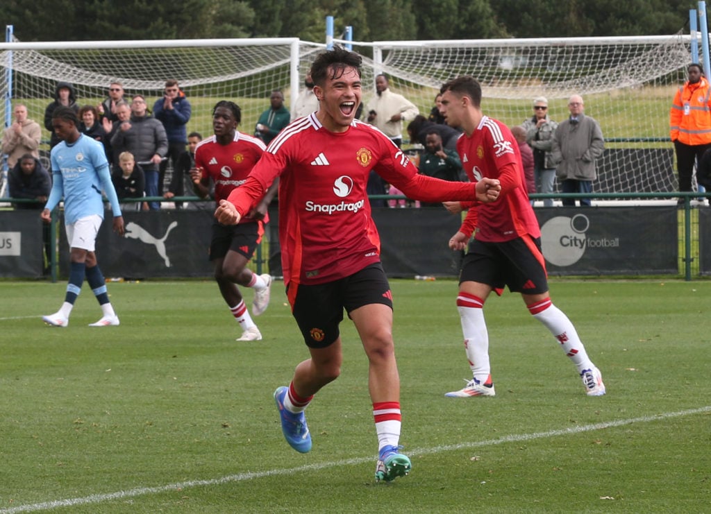 Gabriele Biancheri of Manchester United celebrates scoring a goal to make the score 0-1 during the U18 Premier League match between Manchester City...