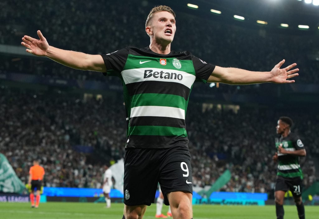 Viktor Gyokeres of Sporting CP celebrates after scoring a goal during the UEFA Champions League 2024/25 League Phase MD1 match between Sporting CP ...