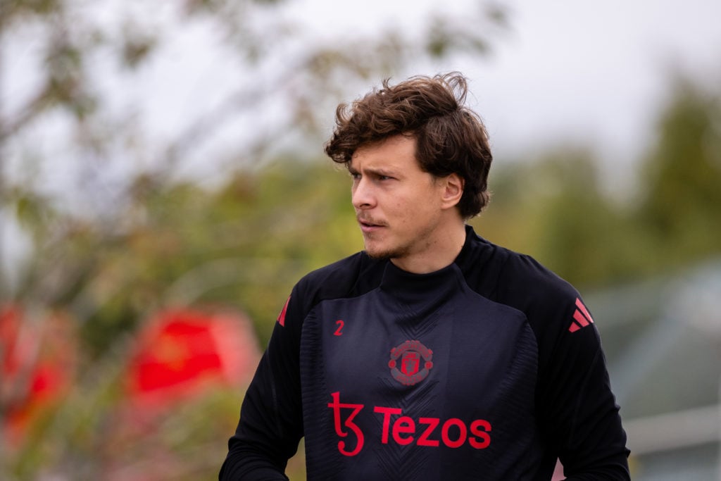 Victor Lindelof of Manchester United in action during the UEFA Europa League 2024/25 League Phase MD1 training session at Carrington Training Compl...