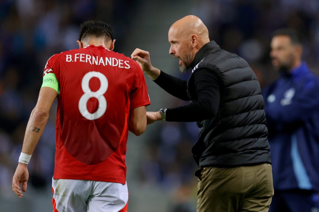 Bruno Fernandes of Manchester United, coach Erik ten Hag of Manchester United during the UEFA Europa League match between FC Porto v Manchester ...