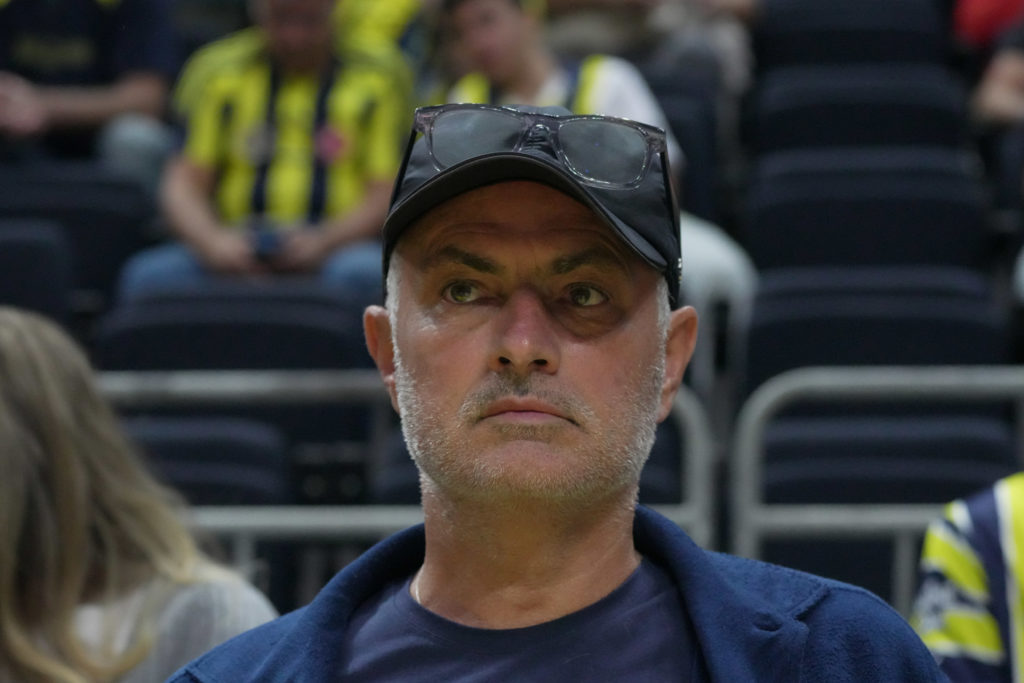 Fenerbahce football team coach José Mourinho sits in the stands during the Turkish Airlines EuroLeague Regular Season match between Fenerbahce Beko...