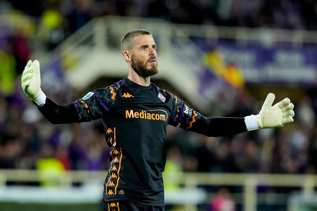 ACF Fiorentina's David De Gea celebrates after saving the second penalty of the match during the Serie A Enilive match between ACF Fiorentina...