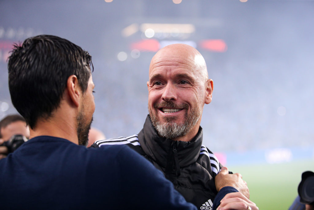 Former Manchester United manager Erik ten Hag with Vitor Bruno ahead of the Europa League match between Porto and Manchester United at the Estadio do Dragao in 2024 in Portugal.