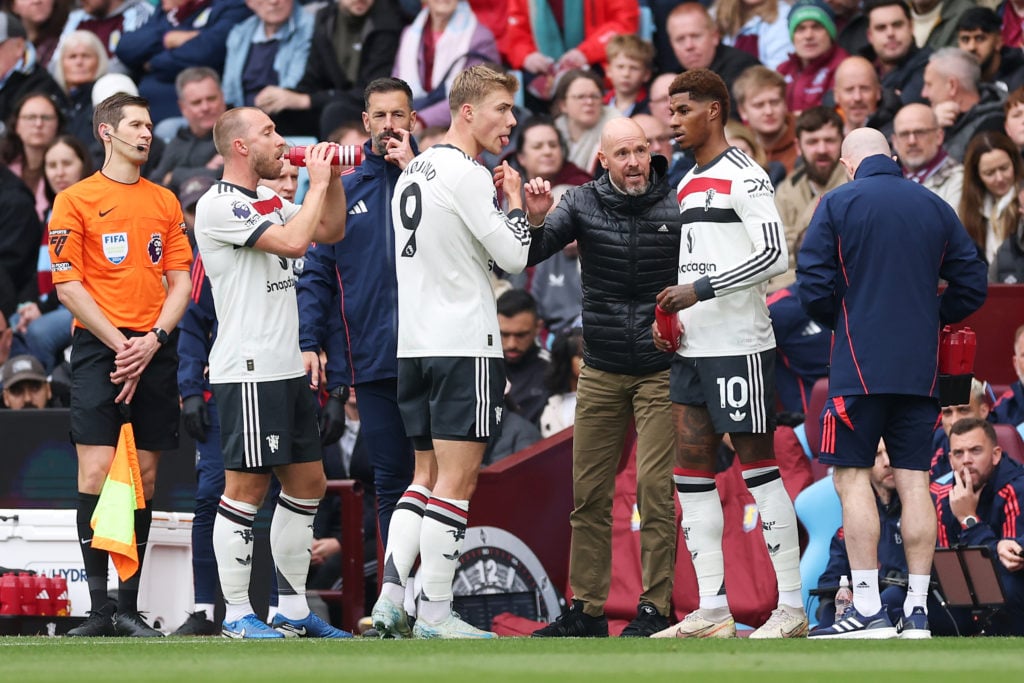 Erik ten Hag, Manager of Manchester United, gives instructions to Christian Eriksen, Rasmus Hojlund and Marcus Rashford of Manchester United during...