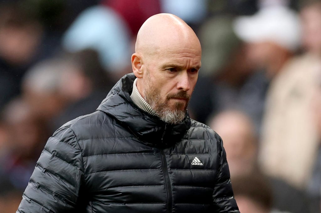 Manchester United coach Erik ten Hag watches during the Premier League match between Aston Villa FC and Manchester United FC at Villa Park...