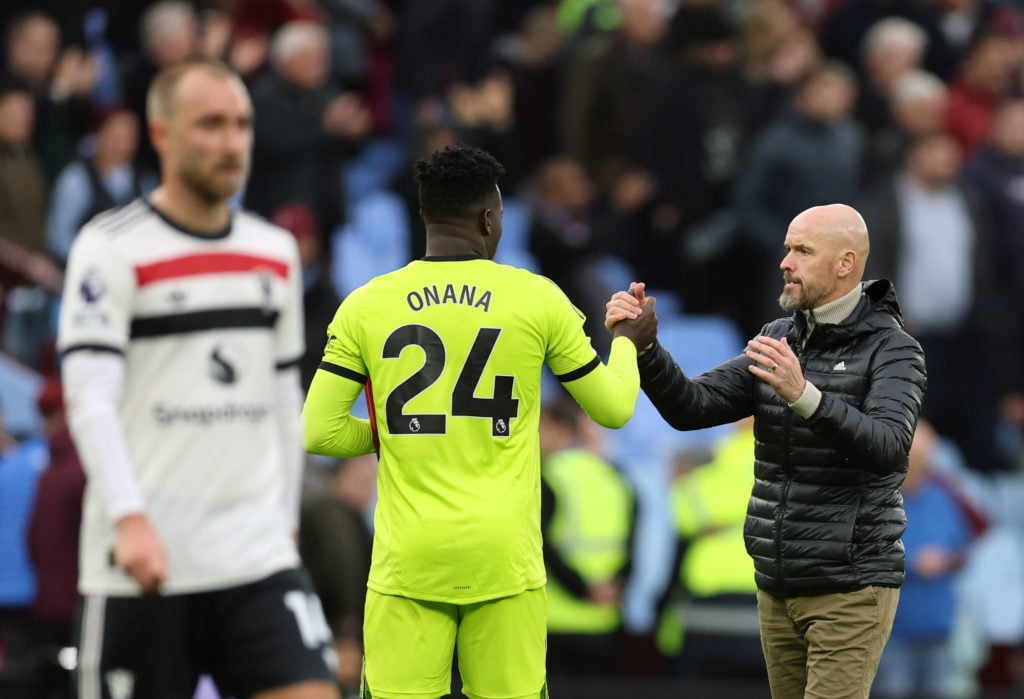 Erik ten Hag Manager / Head Coach of Manchester United with Andre Onana of Manchester United after the Premier League match between Aston Villa FC ...