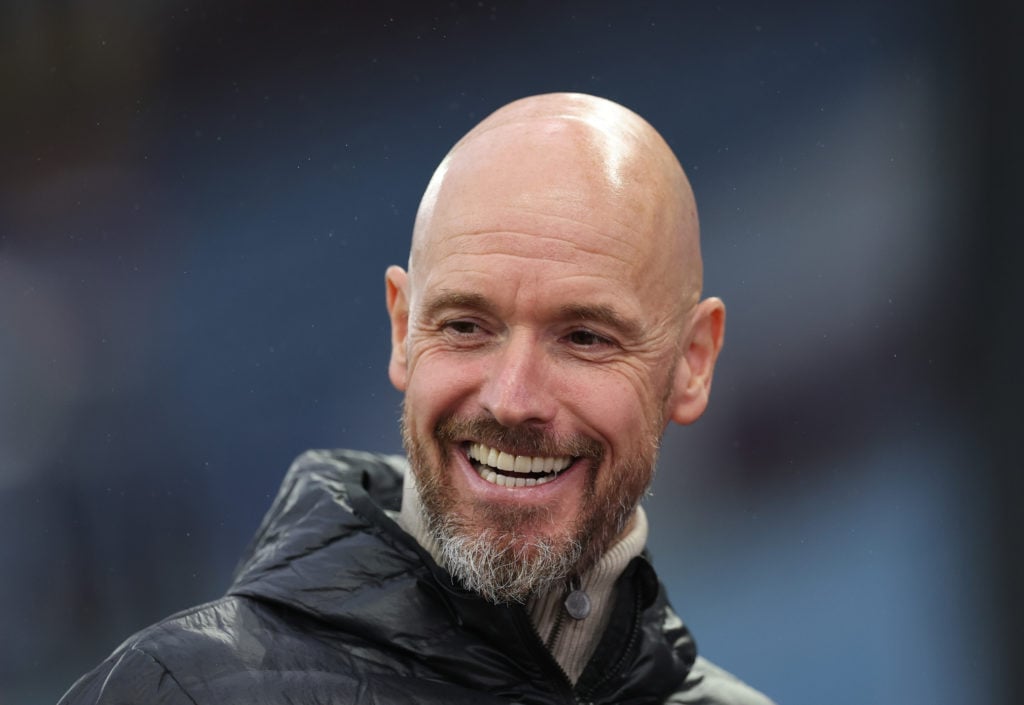 Erik ten Hag Manager / Head Coach of Manchester United is all smiles as he is interviewed after the Premier League match between Aston Villa FC and...