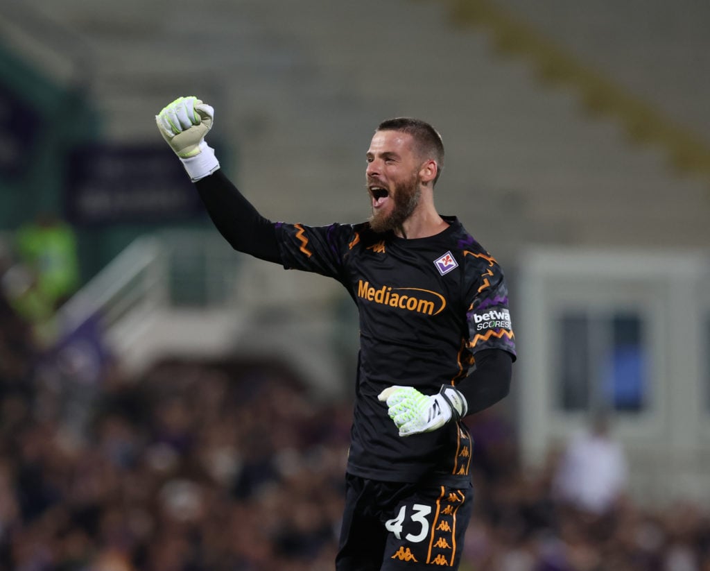 David de Gea of Fiorentina celebrates during the Serie match between Fiorentina and Milan at Stadio Artemio Franchi on October 06, 2024 in Florence...