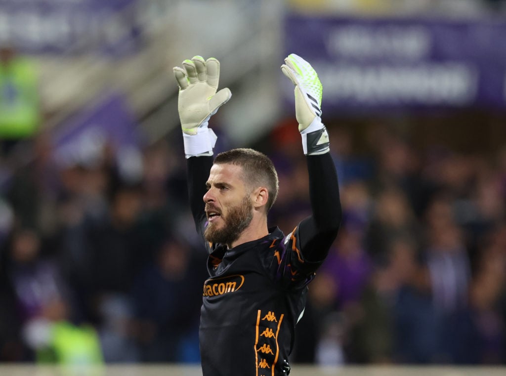 David de Gea of Fiorentina celebrates during the Serie match between Fiorentina and Milan at Stadio Artemio Franchi on October 06, 2024 in Florence...