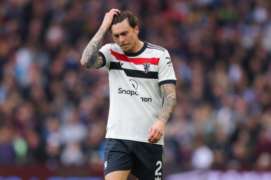 Manchester United's Victor Lindelof looks down during the Premier League match between Aston Villa FC and Manchester United FC at Villa Park in...