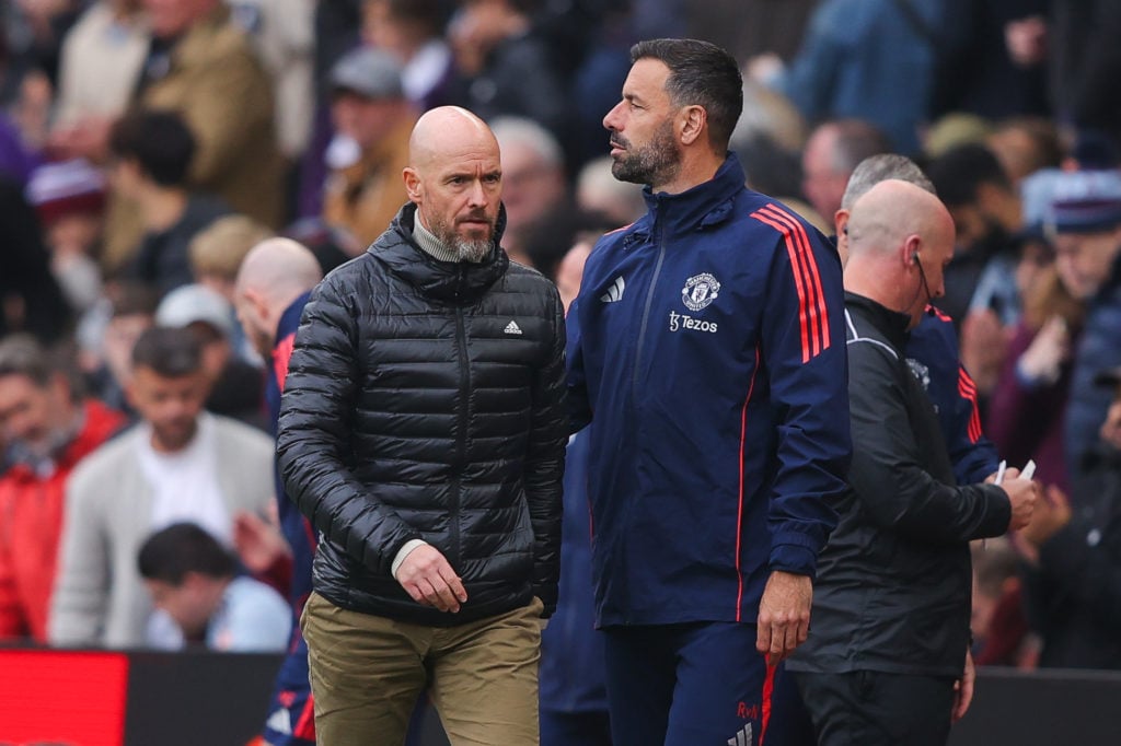 Erik ten Hag, manager of Manchester United, and assistant manager Ruud van Nistelrooy during the Premier League match between Aston Villa FC and Ma...