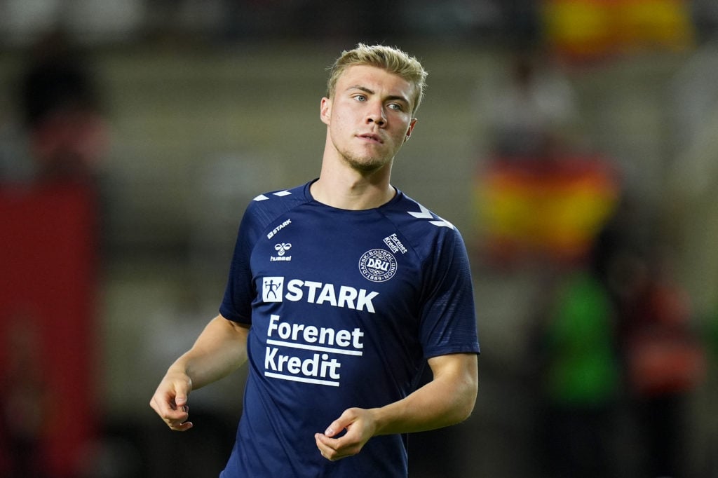 Rasmus Hojlund of Denmark warms up prior to the UEFA Nations League 2024/25 League A Group A4 match between Spain and Denmark at Nueva Condomina on...