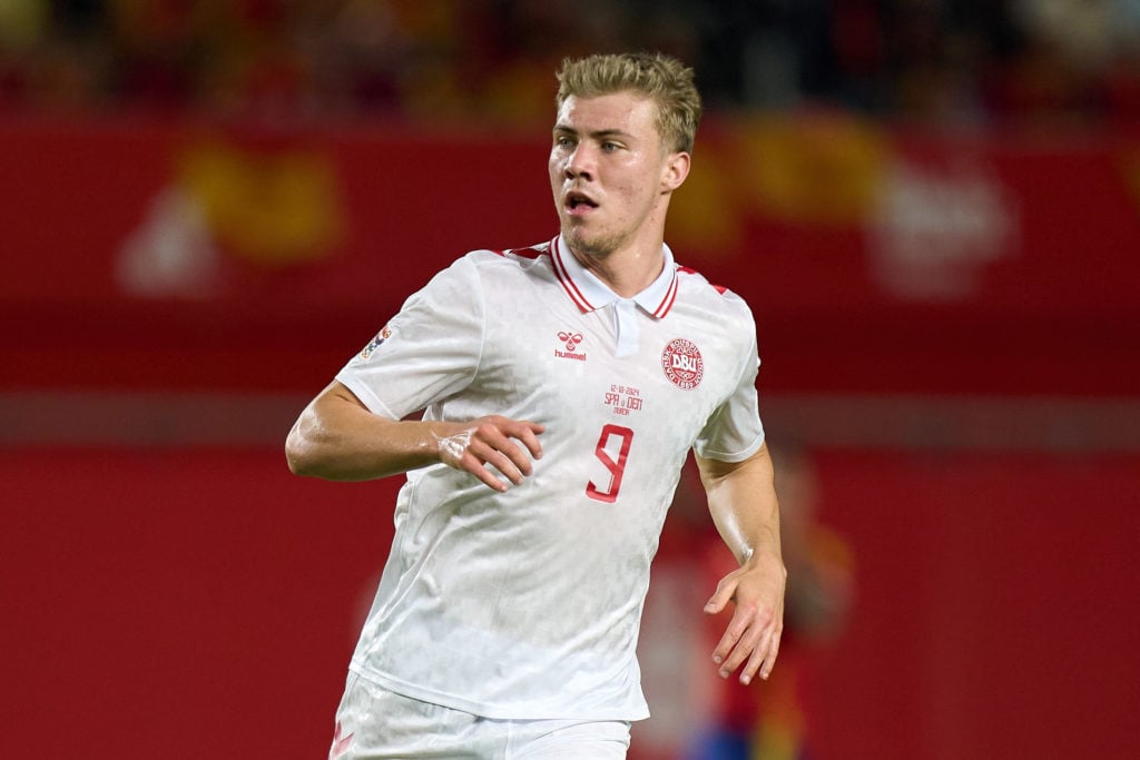 Rasmus Højlund of Denmark looks on during the UEFA Nations League 2024/25 League A Group A4 match between Spain and Denmark at Estadio Enrique Roca...