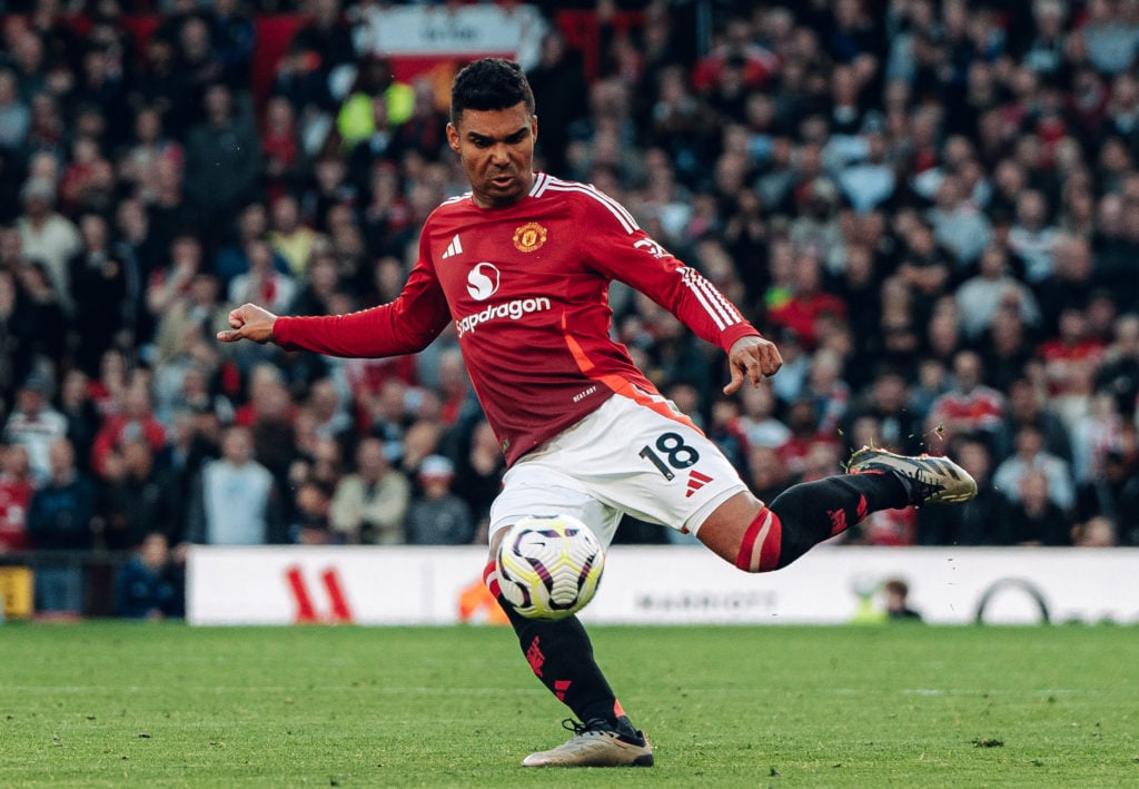 Casemiro of Manchester United in action during the Premier League match between Manchester United FC and Brentford FC at Old Trafford on October 19...