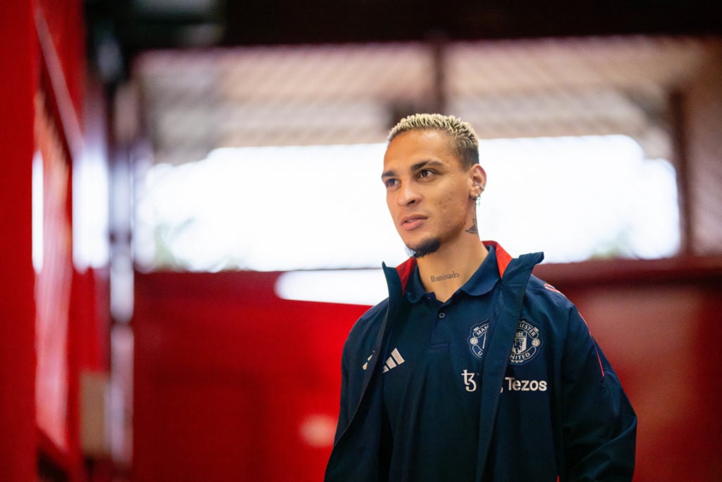 Antony of Manchester United arrives ahead of the Premier League match between Manchester United FC and Brentford FC at Old Trafford on October 19...