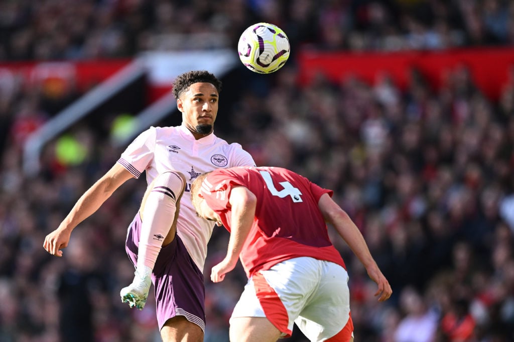 Brentford's Kevin Schade and Manchester United's Matthijs de Ligt face off during the Premier League match between Manchester United FC and Brentford...