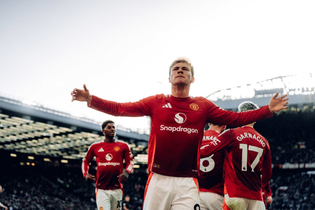 Rasmus Hojlund of Manchester United celebrates scoring their second goal during the Premier League match between Manchester United FC and Brentford...