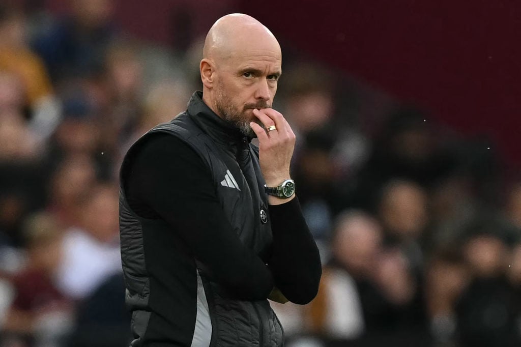 Manchester United's Dutch manager Erik ten Hag gestures on the touchline during the English Premier League football match between West Ham United a...