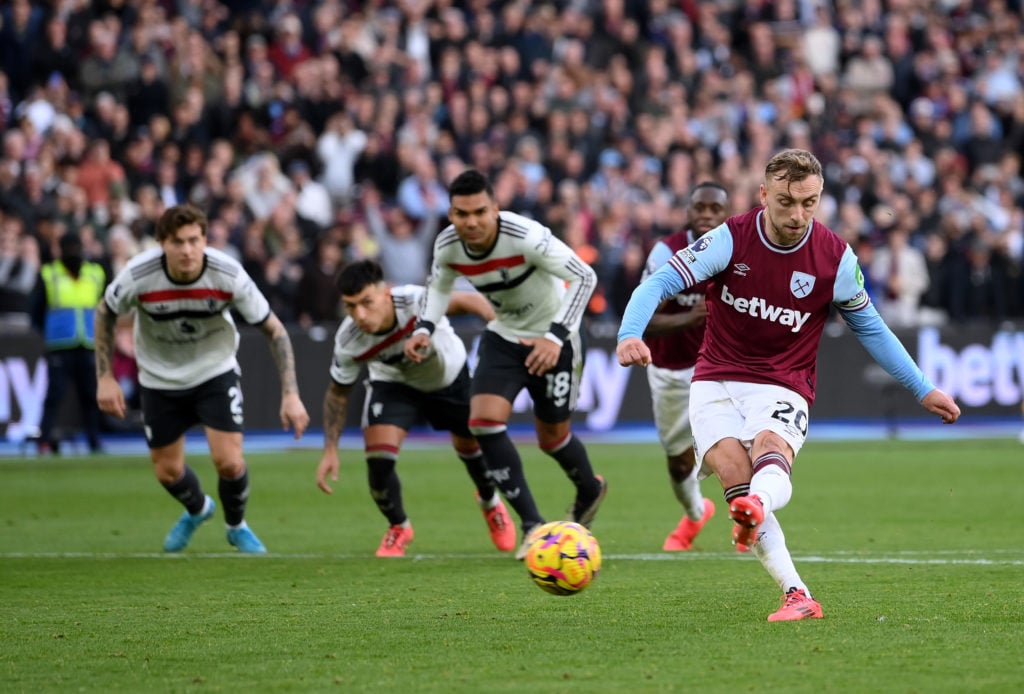 Jarrod Bowen of West Ham United scores his team's second goal from a penalty kick during the Premier League match between West Ham United FC and Ma...